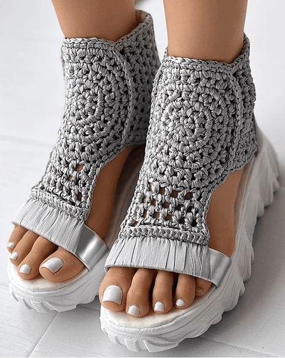 Elegant Gold Knitted Elastic Flat Sandals Braided Mesh Slip On For Women 1