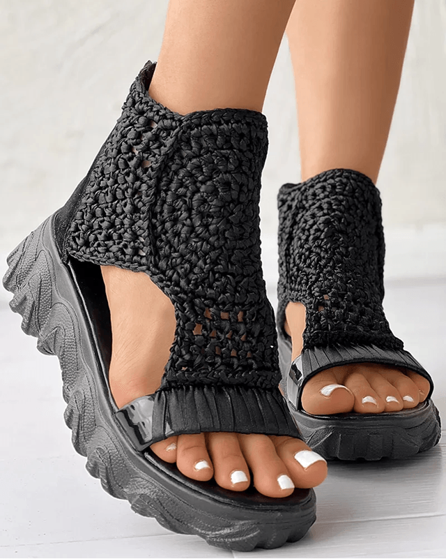 Elegant Gold Knitted Elastic Flat Sandals Braided Mesh Slip On For Women 3