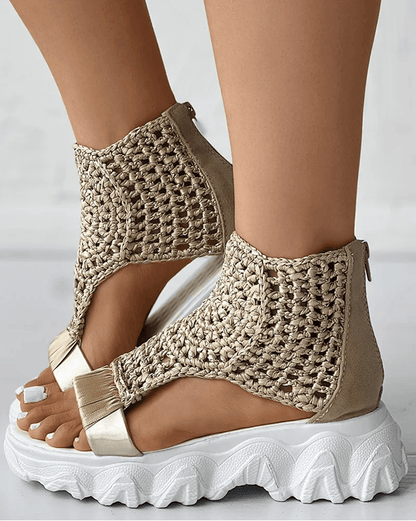 Elegant Gold Knitted Elastic Flat Sandals Braided Mesh Slip On For Women 4