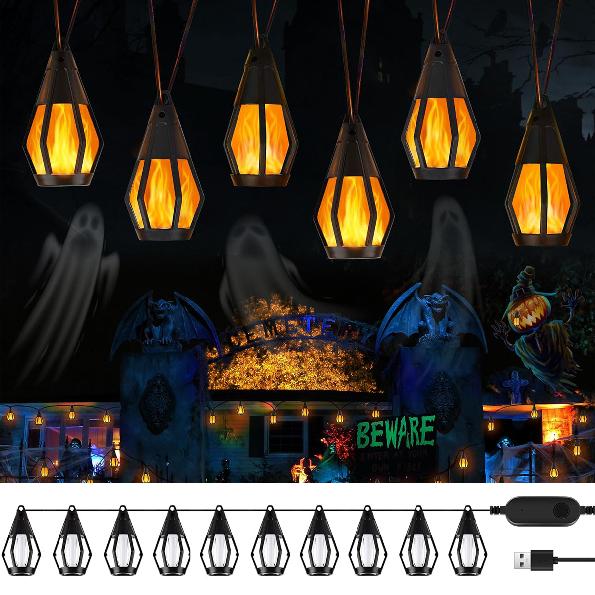 Solar Halloween Lights LED Flame, Outdoor String Lights with 10 Flickering Flame Bulb, Yard Patio Decorations
