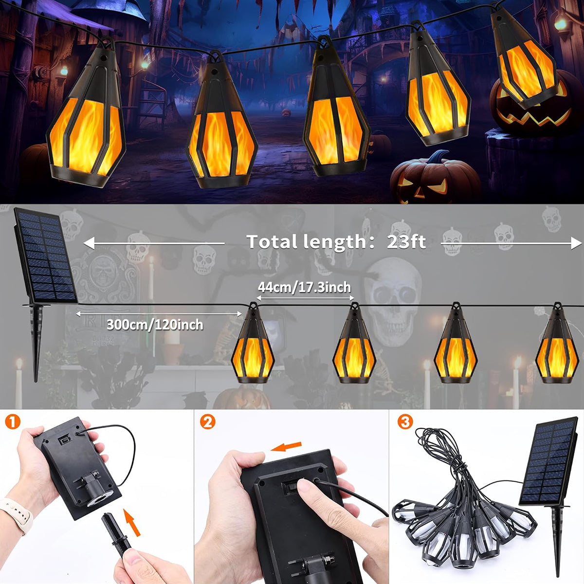 Solar Halloween Lights LED Flame Outdoor String Lights With 10 Flickering Flame Bulb Yard Patio Dec 2