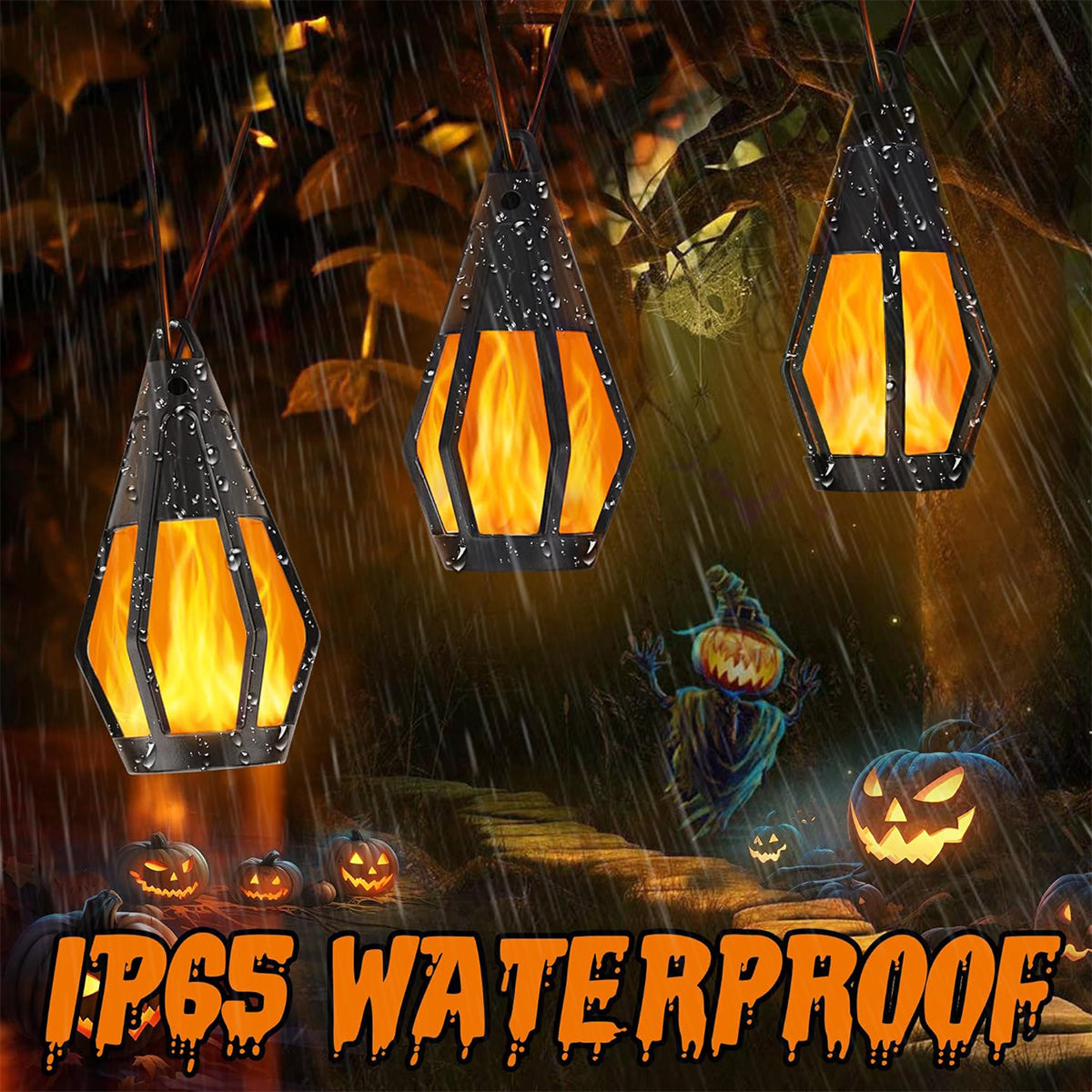 Solar Halloween Lights LED Flame Outdoor String Lights With 10 Flickering Flame Bulb Yard Patio Dec 3