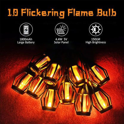 Solar Halloween Lights LED Flame Outdoor String Lights With 10 Flickering Flame Bulb Yard Patio Dec 4