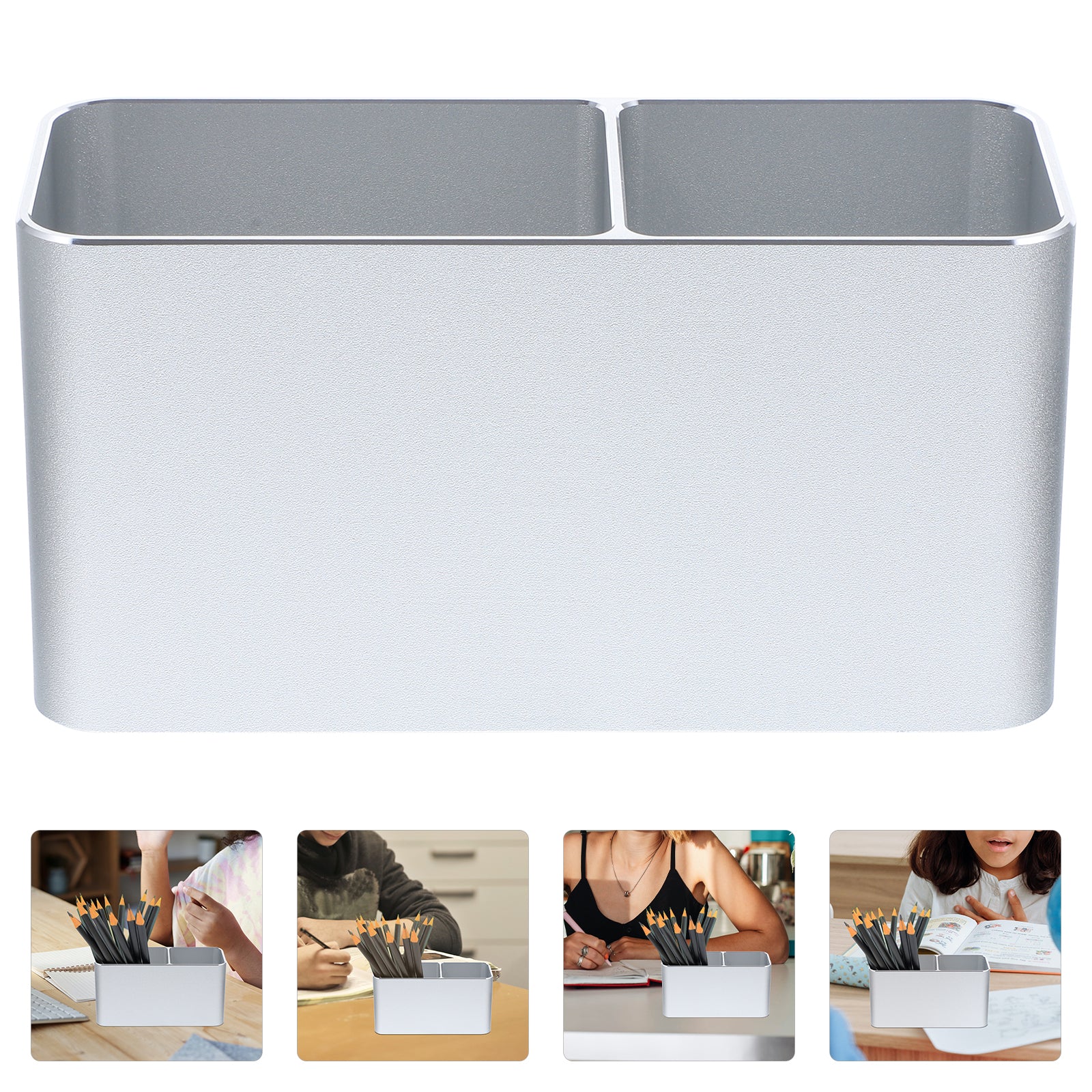 Double Storage Pen Holder, Aluminum Desktop Organizer, Lightweight Pencil Case for Home, Office Supplies