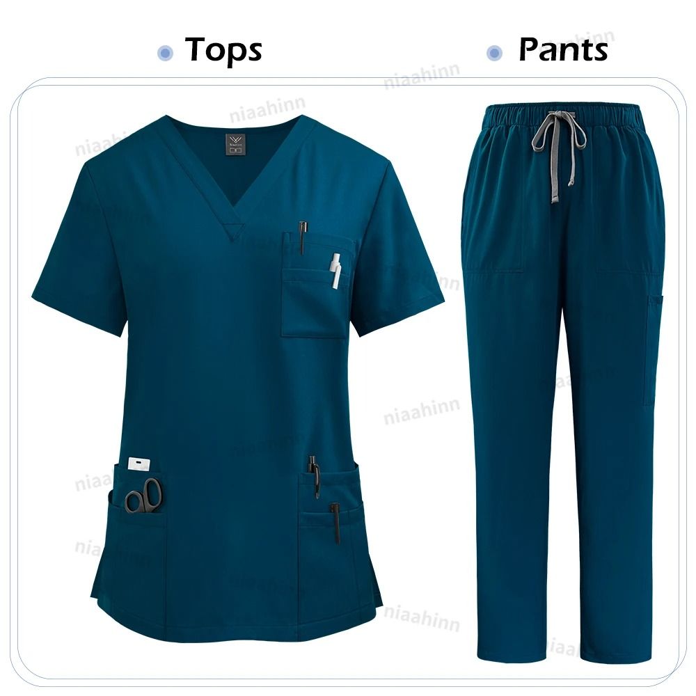 High Quality Women Medical Scrubs Set Nursing Uniform Top And Pants 12