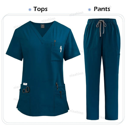 High Quality Women Medical Scrubs Set Nursing Uniform Top And Pants 12