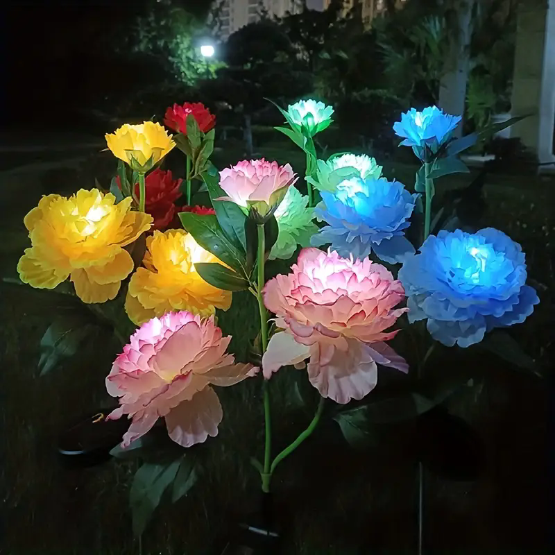 Waterproof Solar Garden Lights 3 Head Peony Flowers, Outdoor Pathway Pink Lamps for Yard, Lawn Christmas Decor
