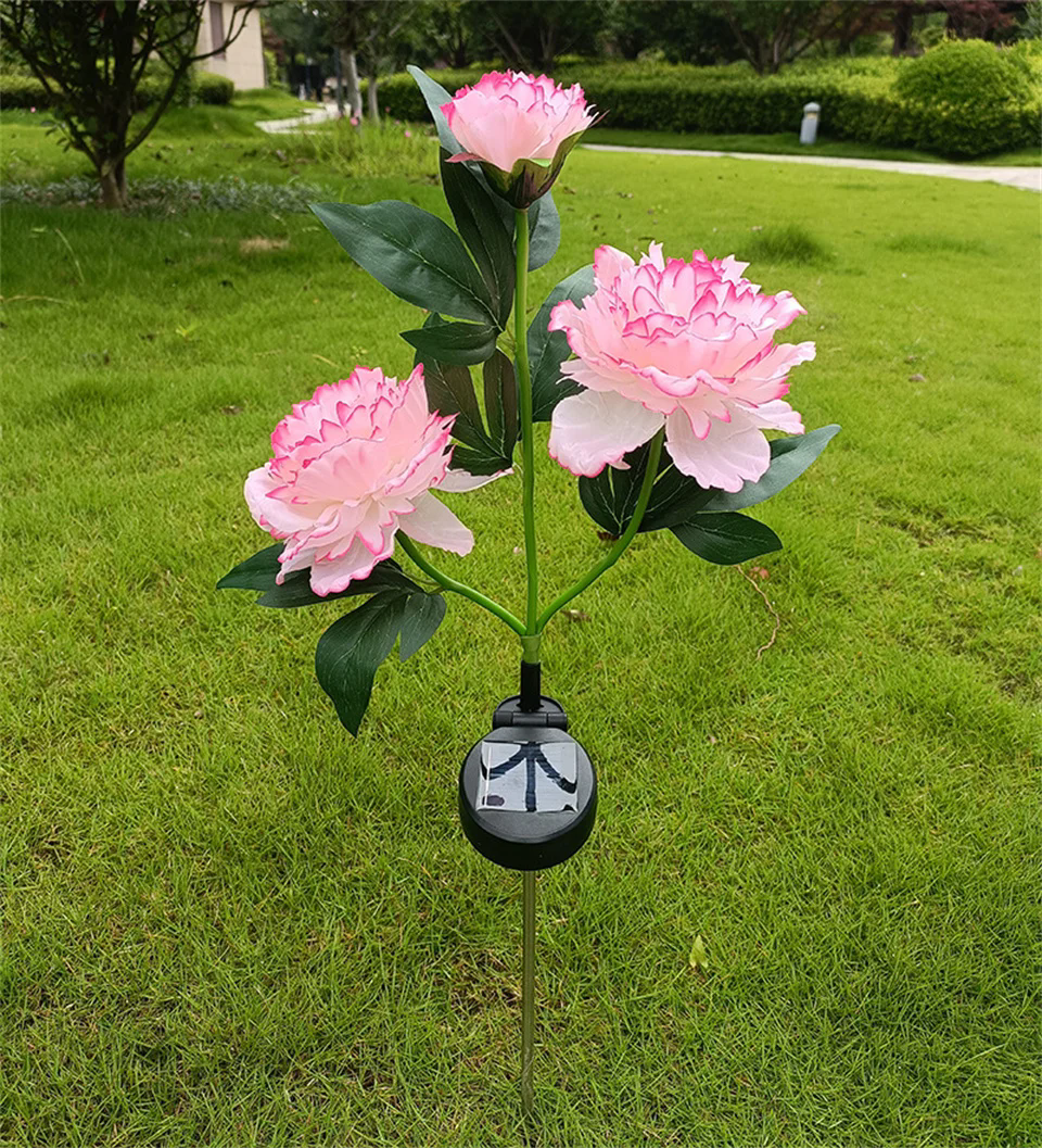 Waterproof Solar Garden Lights 3 Head Peony Flowers, Outdoor Pathway Pink Lamps for Yard, Lawn Christmas Decor