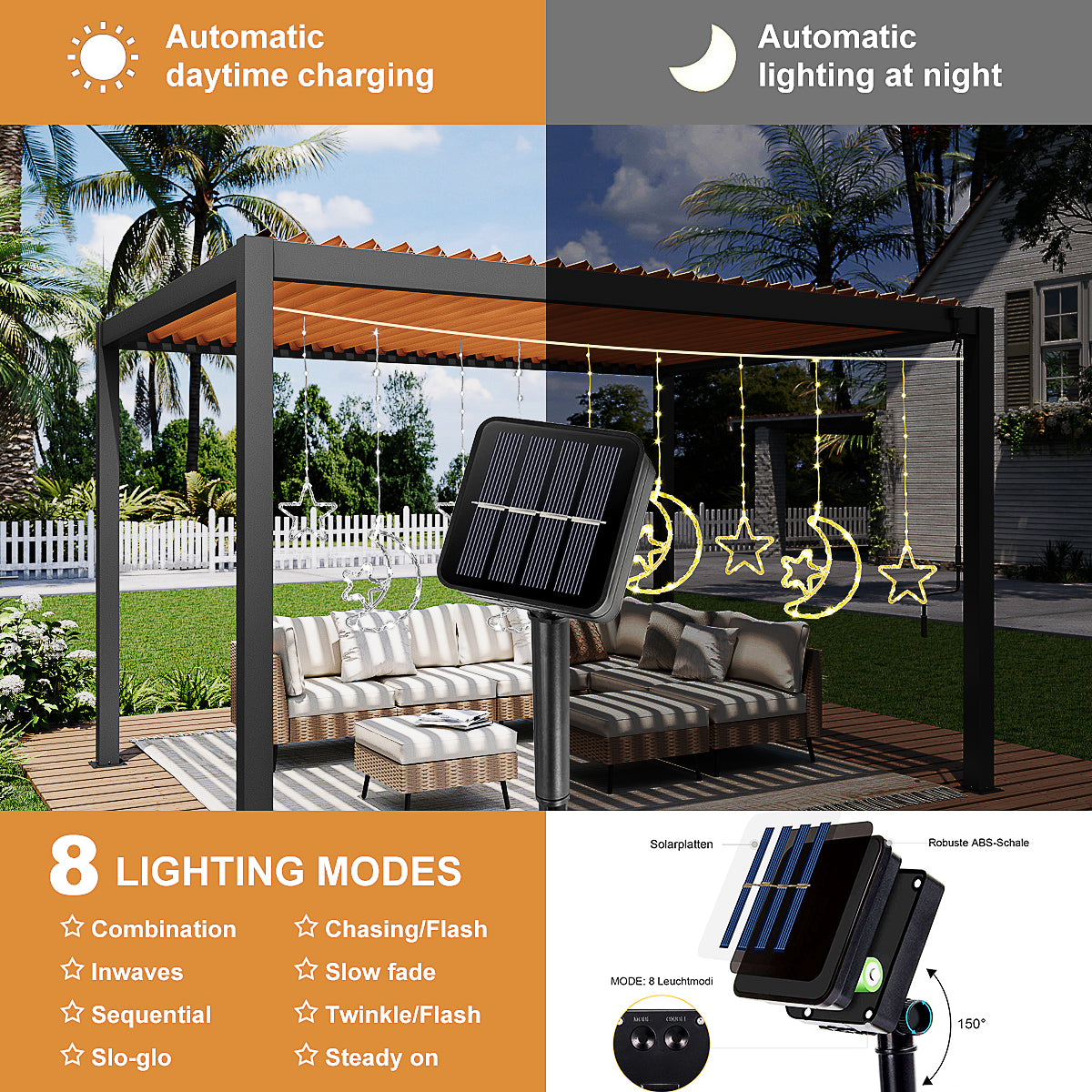 Solar Moon Star LED Decor Light, Outdoor Waterproof Curtain Lights, 8 Modes String Light for Ramadan Hanging Decor