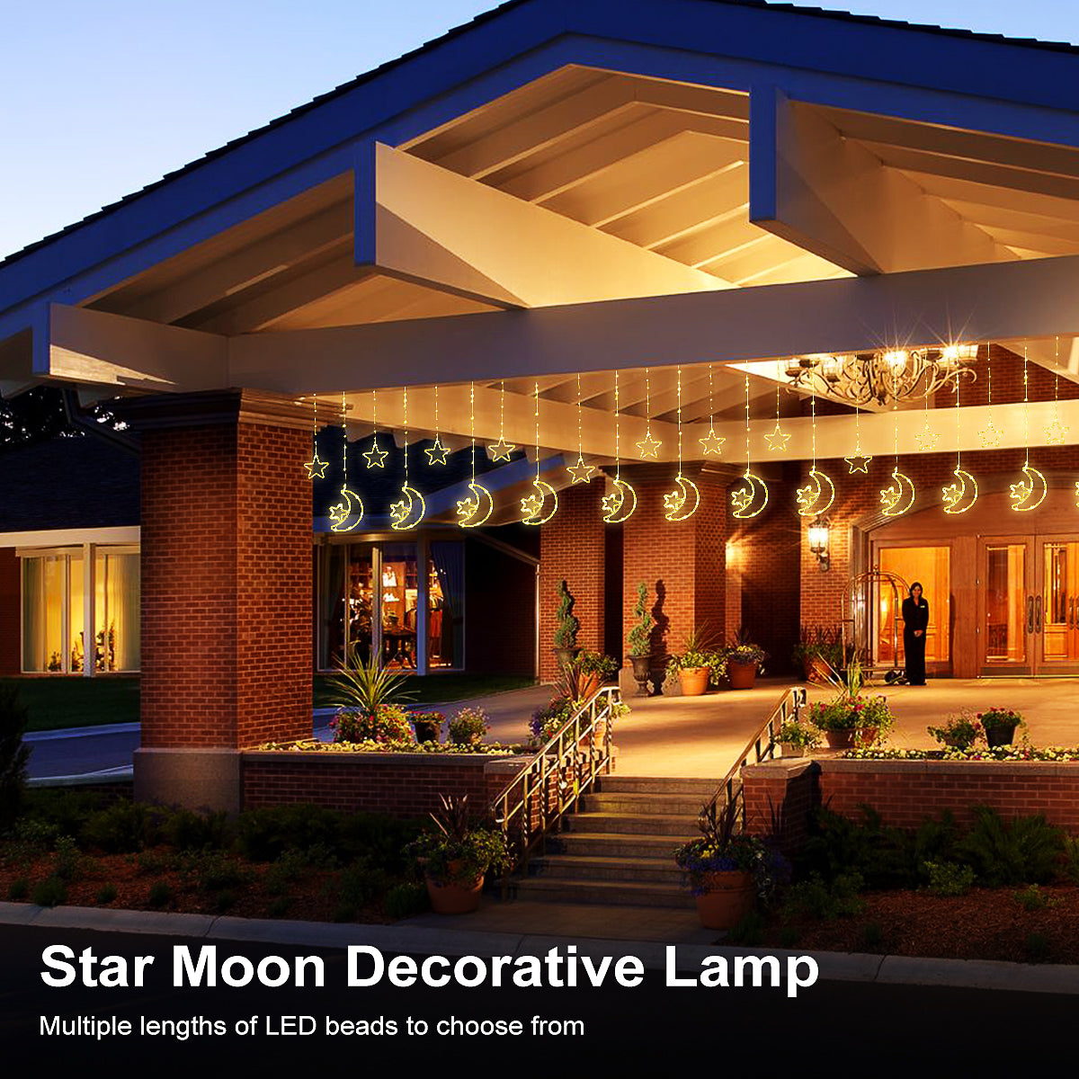 Solar Moon Star LED Decor Light, Outdoor Waterproof Curtain Lights, 8 Modes String Light for Ramadan Hanging Decor