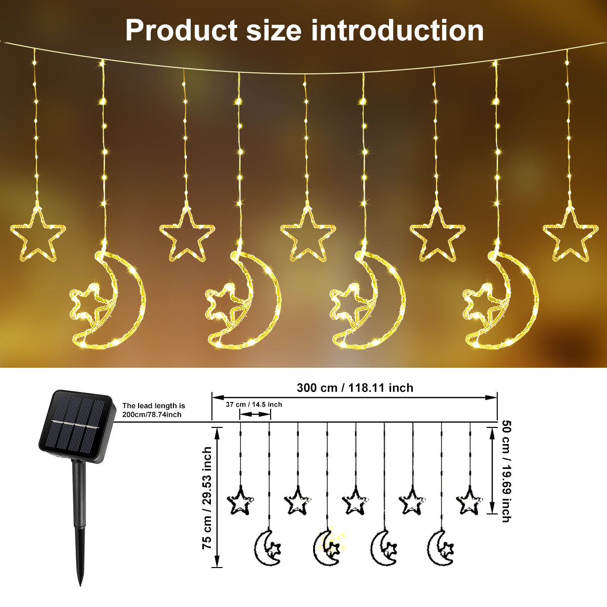 Solar Moon Star LED Decor Light, Outdoor Waterproof Curtain Lights, 8 Modes String Light for Ramadan Hanging Decor