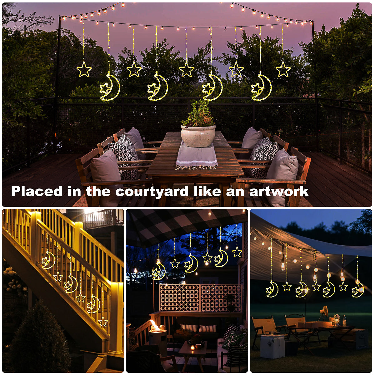 Solar Moon Star LED Decor Light, Outdoor Waterproof Curtain Lights, 8 Modes String Light for Ramadan Hanging Decor