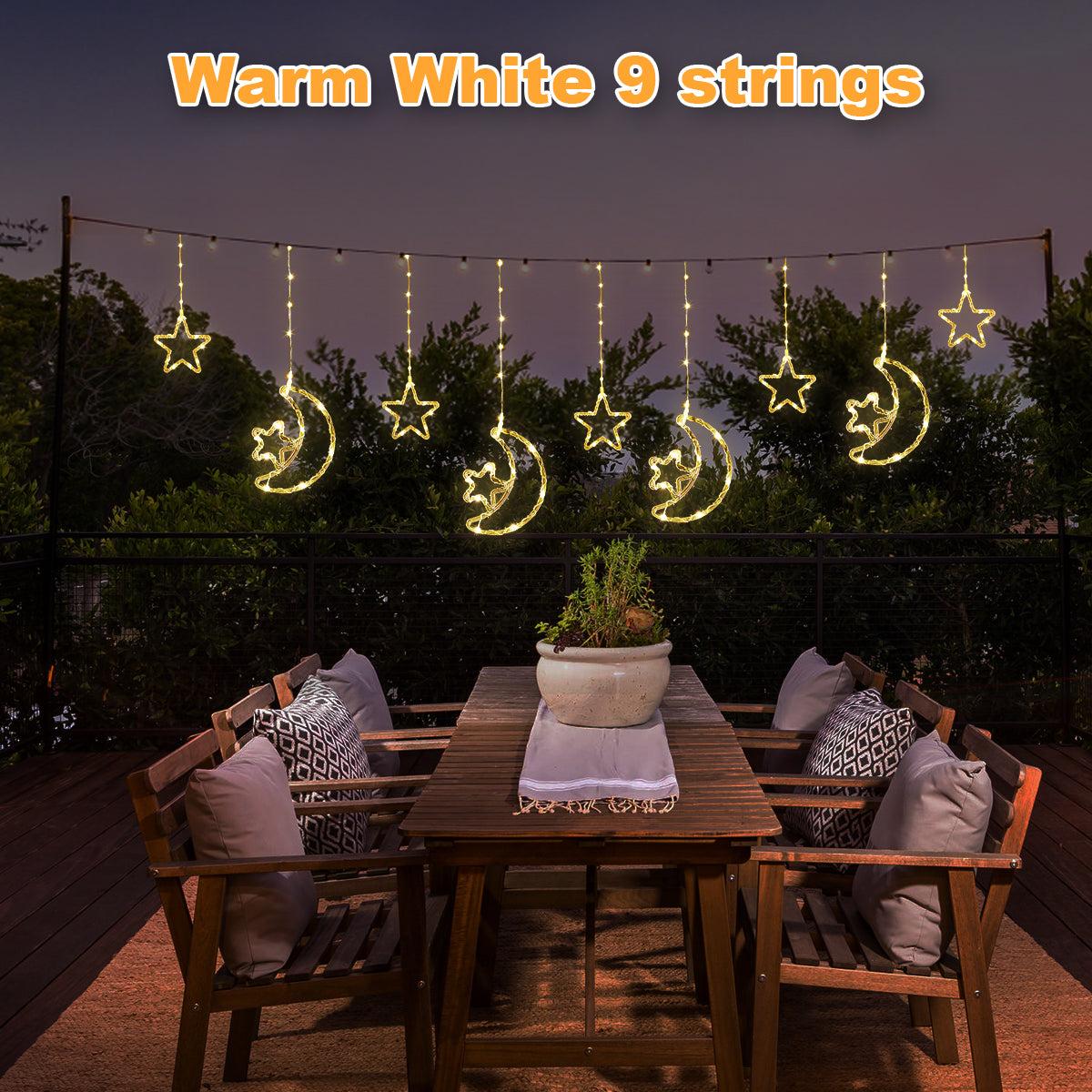 Solar Moon Star LED Decor Light, Outdoor Waterproof Curtain Lights, 8 Modes String Light for Ramadan Hanging Decor