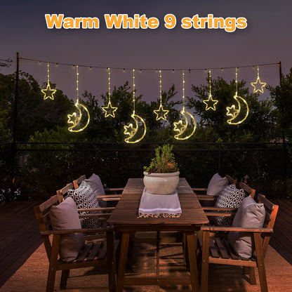 Solar Moon Star LED Decor Light, Outdoor Waterproof Curtain Lights, 8 Modes String Light for Ramadan Hanging Decor
