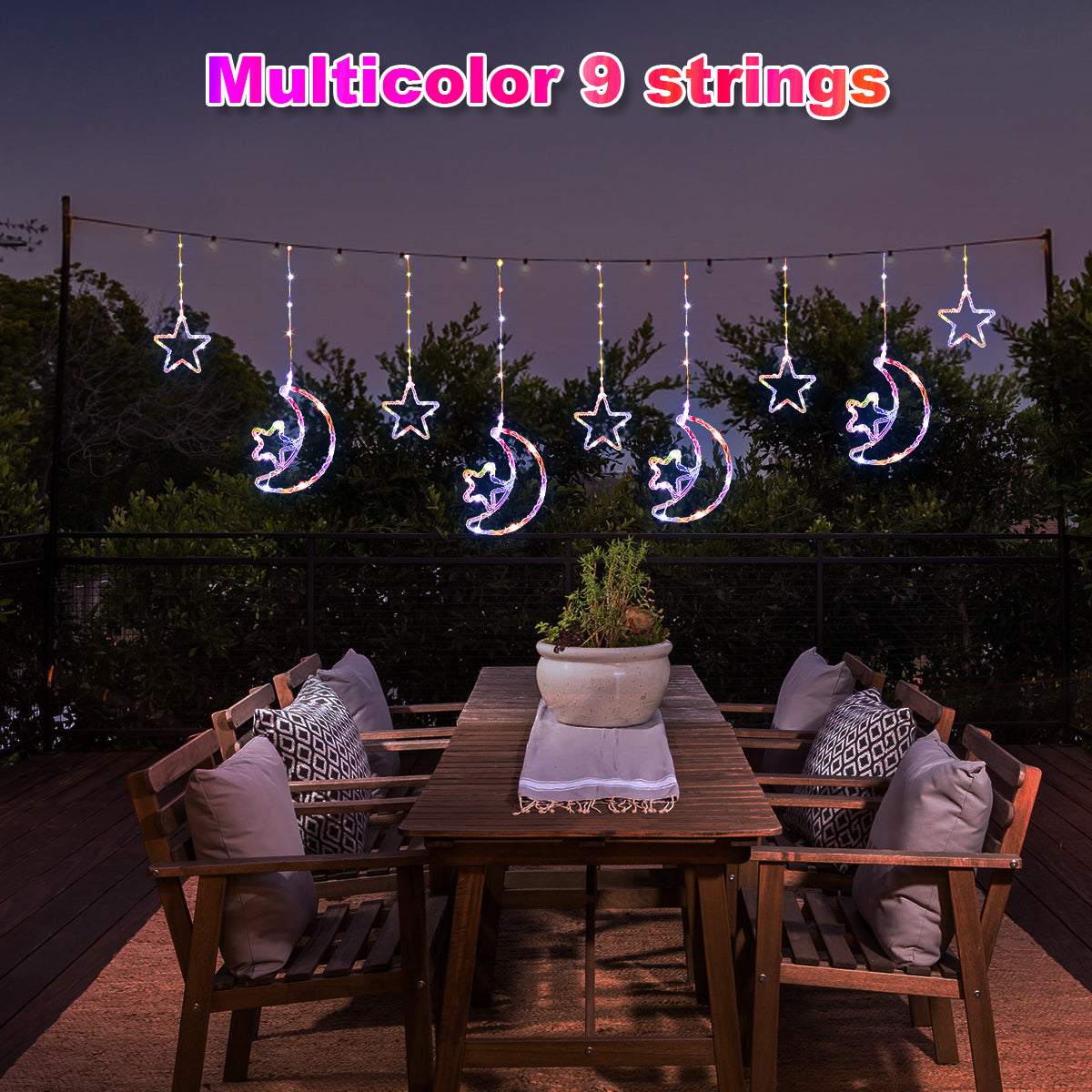Solar Moon Star LED Decor Light, Outdoor Waterproof Curtain Lights, 8 Modes String Light for Ramadan Hanging Decor