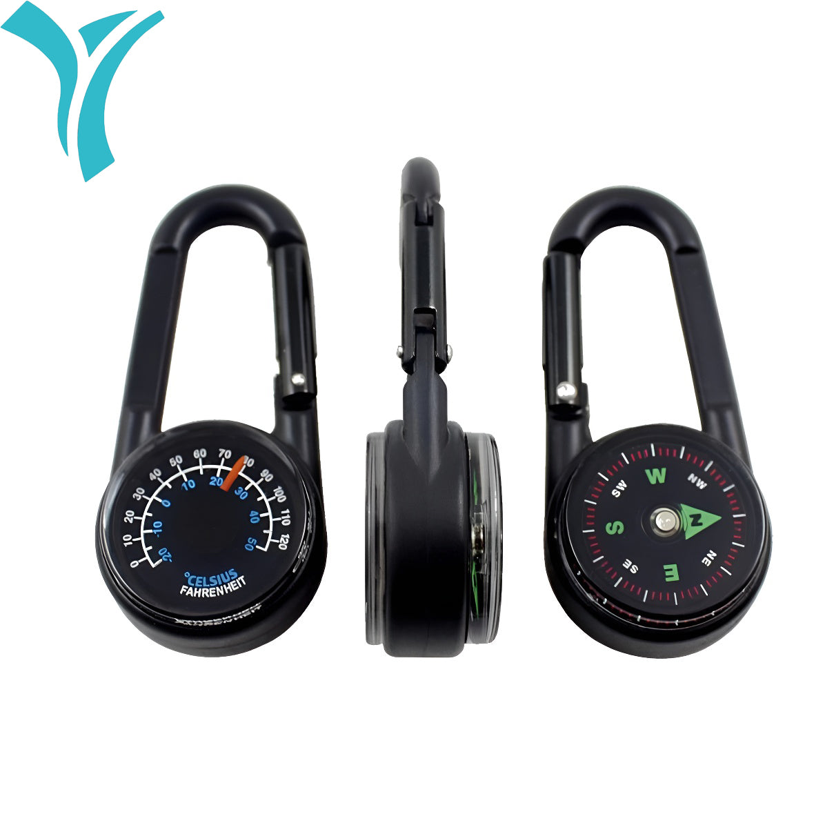 3-in-1 Compass Thermometer Carabiner Clip – Double-Sided Metal Keyring for Outdoor Hiking & Survival