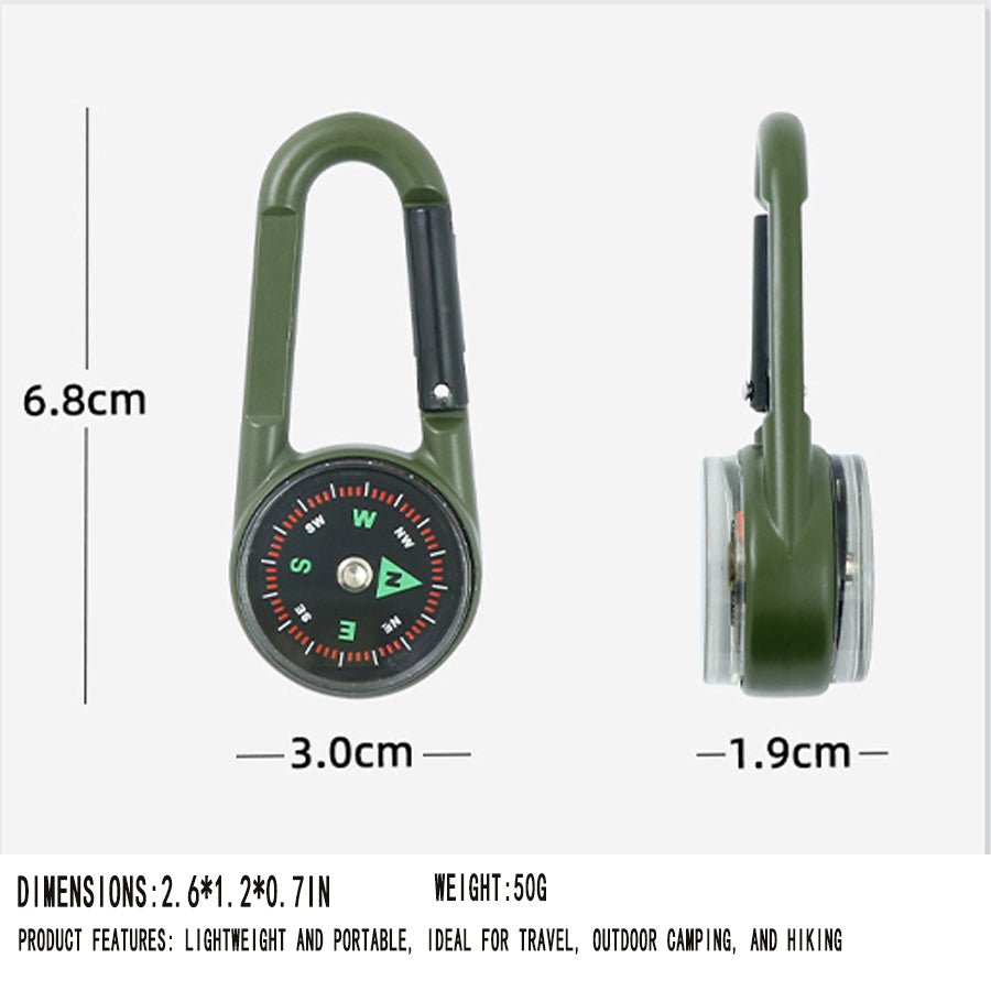 3-in-1 Compass Thermometer Carabiner Clip – Double-Sided Metal Keyring for Outdoor Hiking & Survival