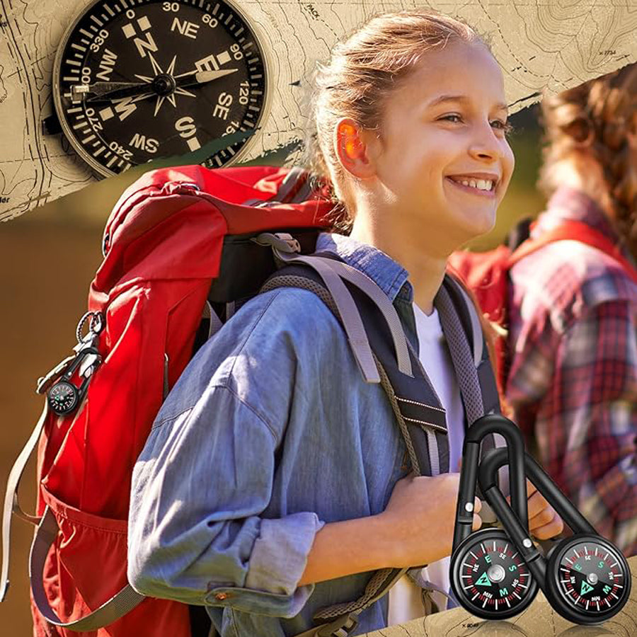 3-in-1 Compass Thermometer Carabiner Clip – Double-Sided Metal Keyring for Outdoor Hiking & Survival