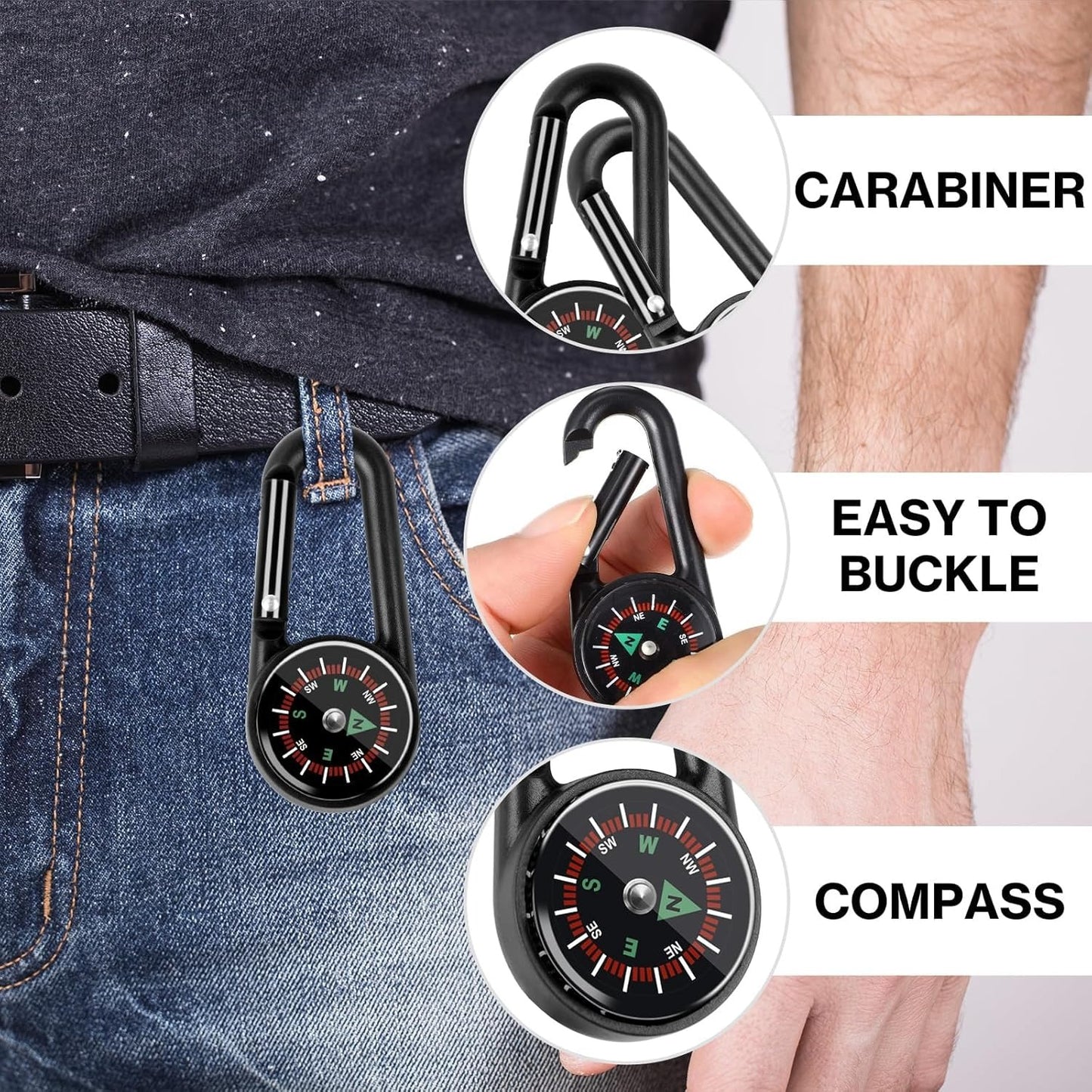 3-in-1 Compass Thermometer Carabiner Clip – Double-Sided Metal Keyring for Outdoor Hiking & Survival