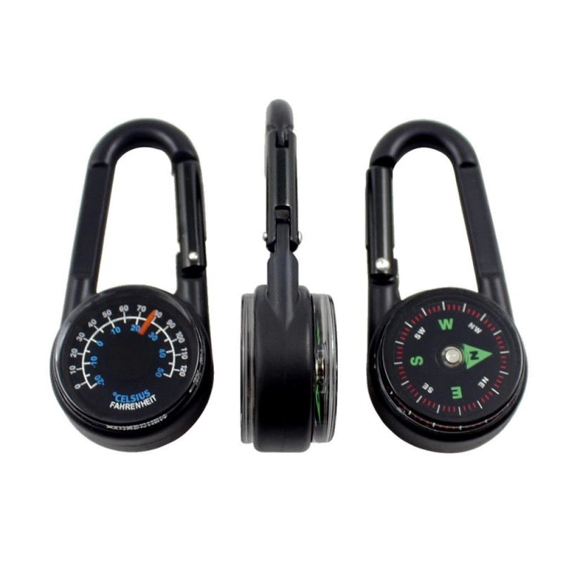 3-in-1 Compass Thermometer Carabiner Clip – Double-Sided Metal Keyring for Outdoor Hiking & Survival