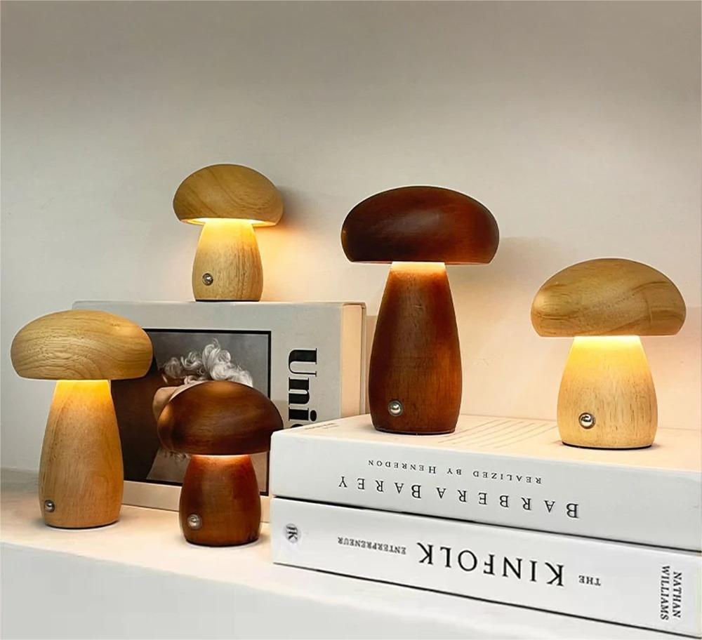 Wooden Mushroom Night Light with Stepless Dimming and Rechargeable Battery
