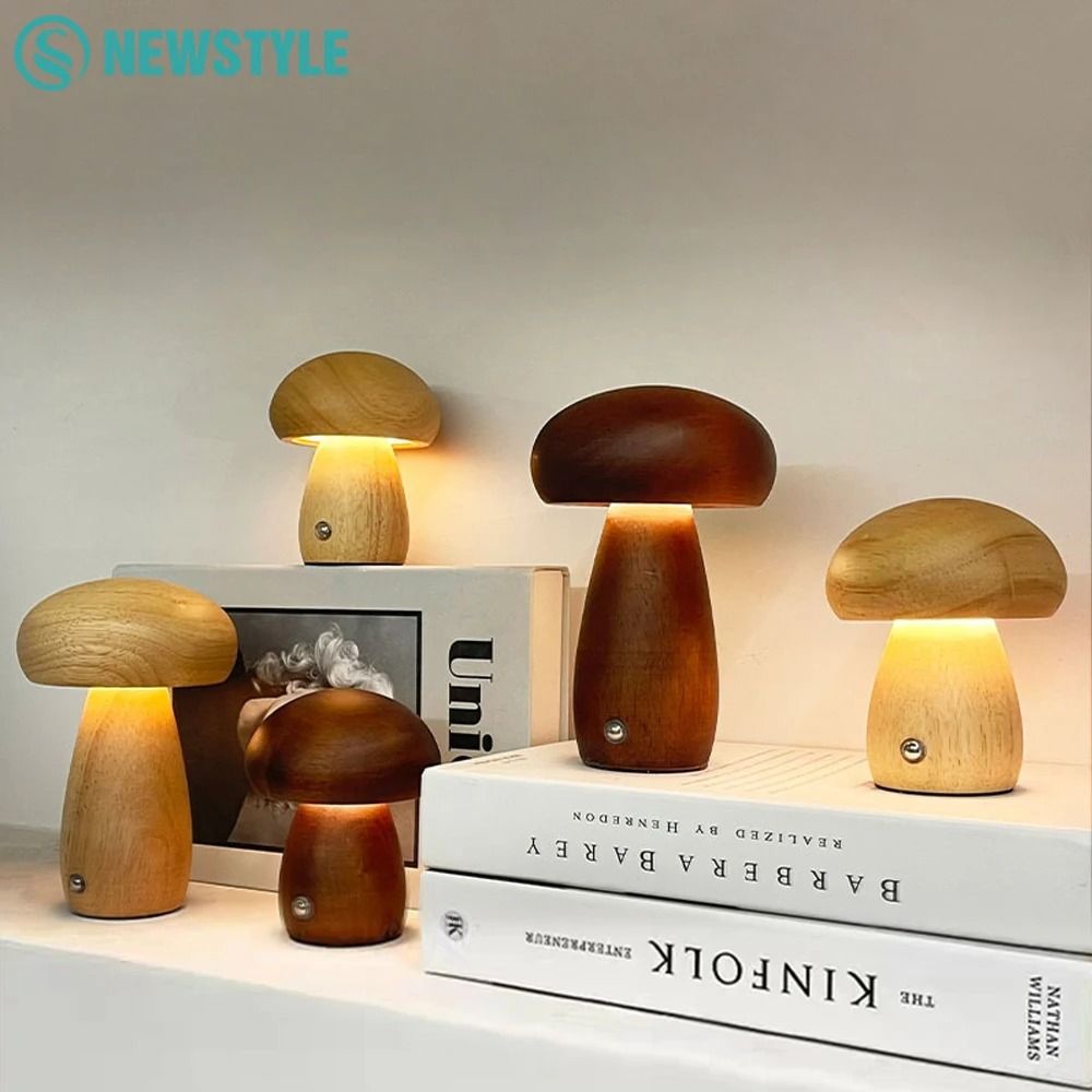 Wooden Mushroom Night Light Rechargeable Stepless Dimming Bedside Lamp With 3 Color Modes
