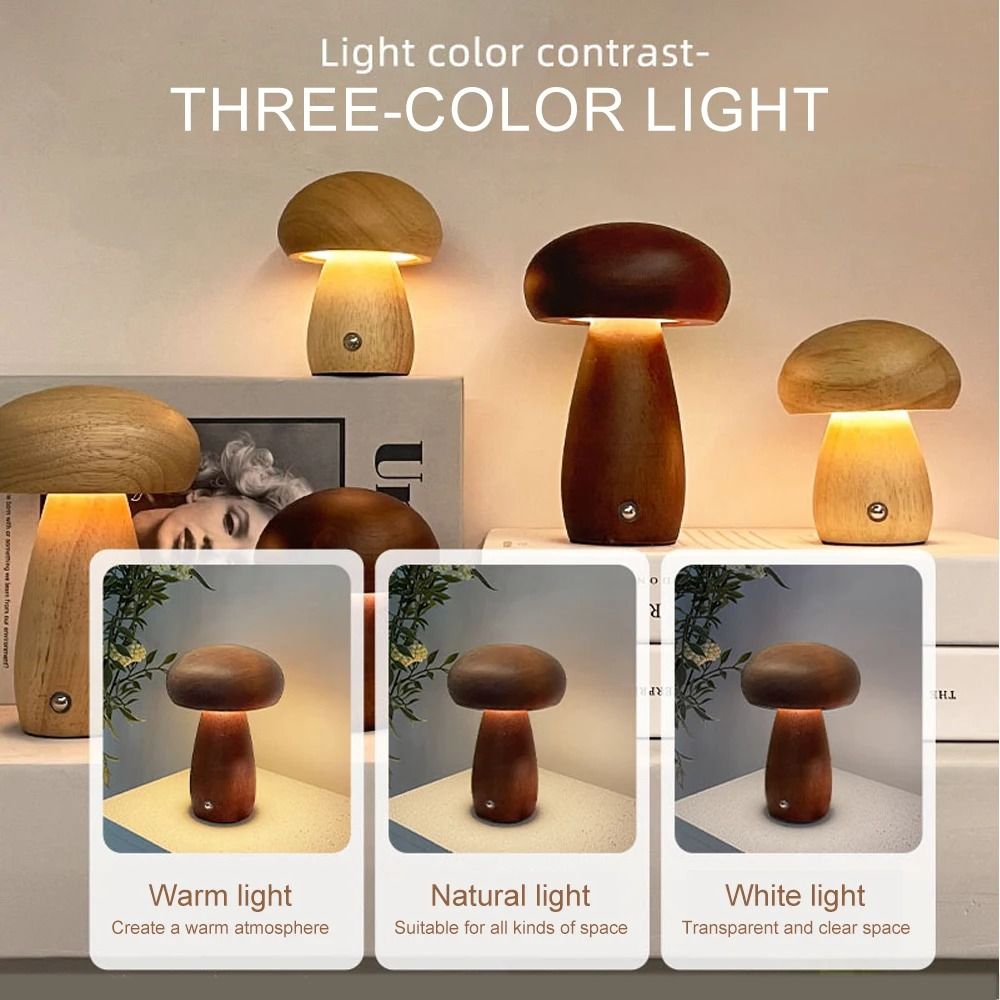 Wooden Mushroom Night Light Rechargeable Stepless Dimming Bedside Lamp With 3 Color Modes 2