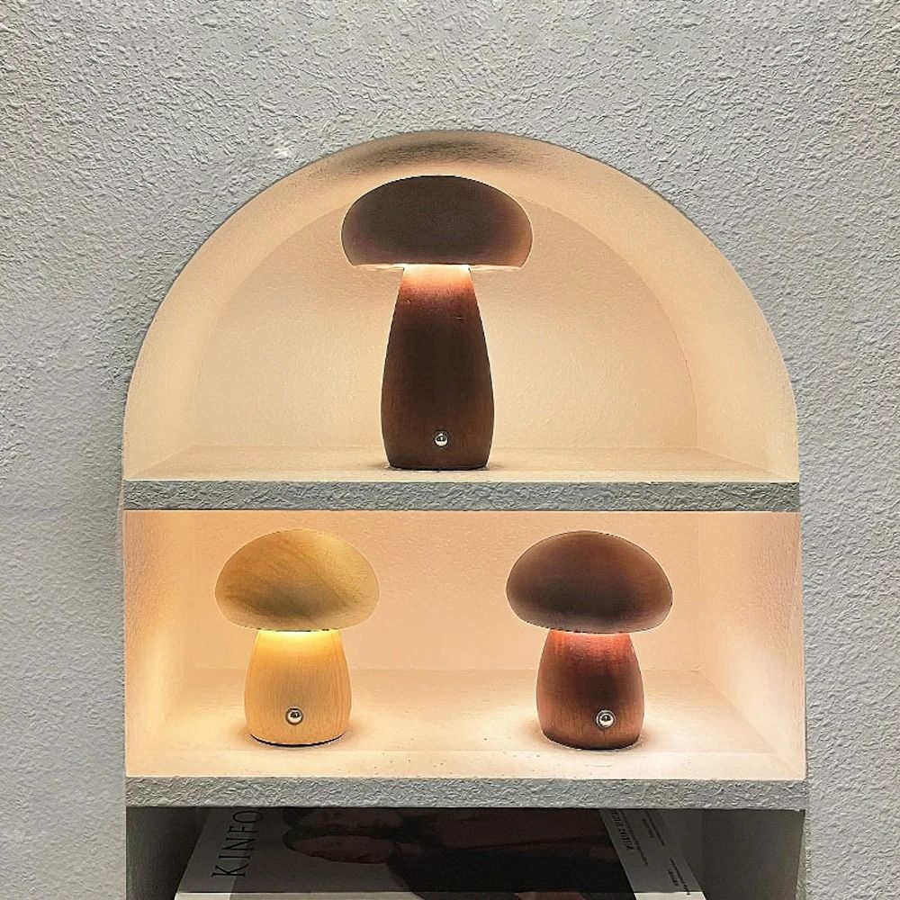 Wooden Mushroom Night Light Rechargeable Stepless Dimming Bedside Lamp With 3 Color Modes 5