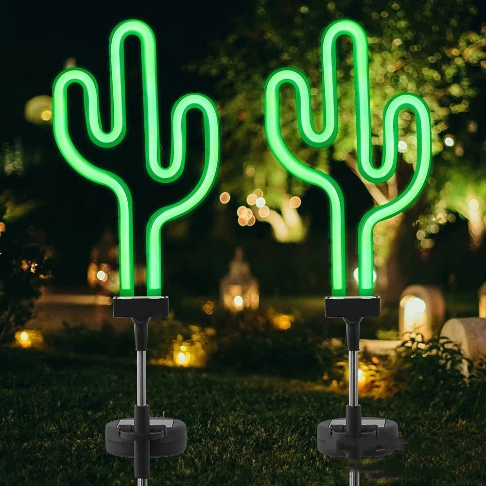 Flamingo Cactus Solar Garden Landscape Light, LED Neon Sign Lawn Decor, Outdoor Garden Night Lamp