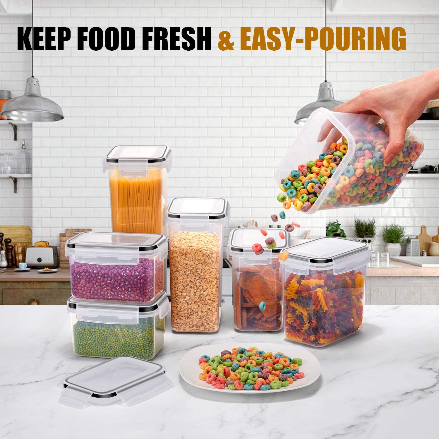 7-Piece Kitchen Food Storage Containers Set, BPA-Free Plastic Airtight Storage Box with 10 Stickers Pen, Organize