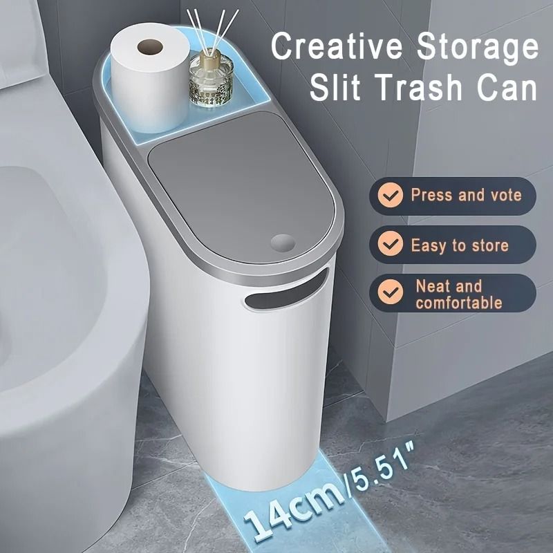Slim 10L Press Lid Bathroom Trash Can with Lid for Kitchen Bedroom Gap Storage Waste Bin with Space Saving Design
