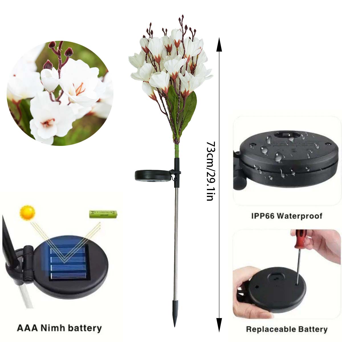 Outdoor Waterproof Solar Powered Magnolia Garden Lights, LED Holiday Lighting, Christmas Lawn Decorative Accent