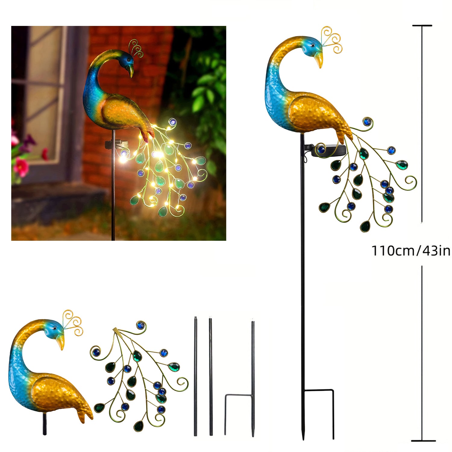 Solar Peacock Garden Light for Garden Paths, Metal Handicraft Decor, Outdoor Lighting with Artificial Gems