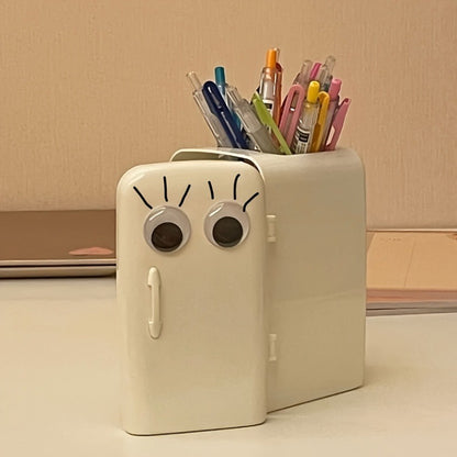 1PC Cute Cartoon Refrigerator Shaped Pen Holder, Fun Desktop Storage with Playful Eyes Smiling Face