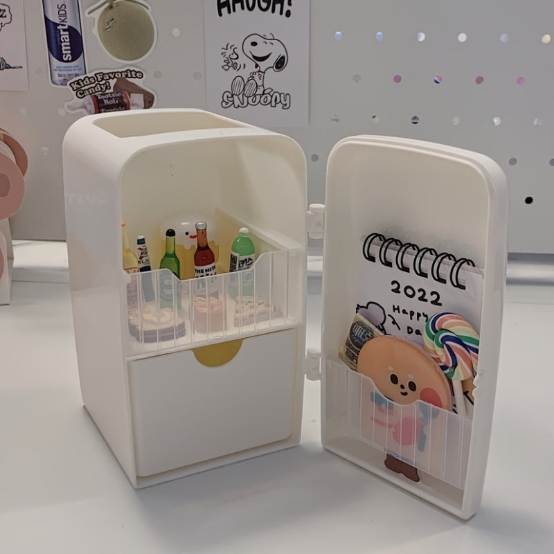 1PC Cute Cartoon Refrigerator Shaped Pen Holder, Fun Desktop Storage with Playful Eyes Smiling Face