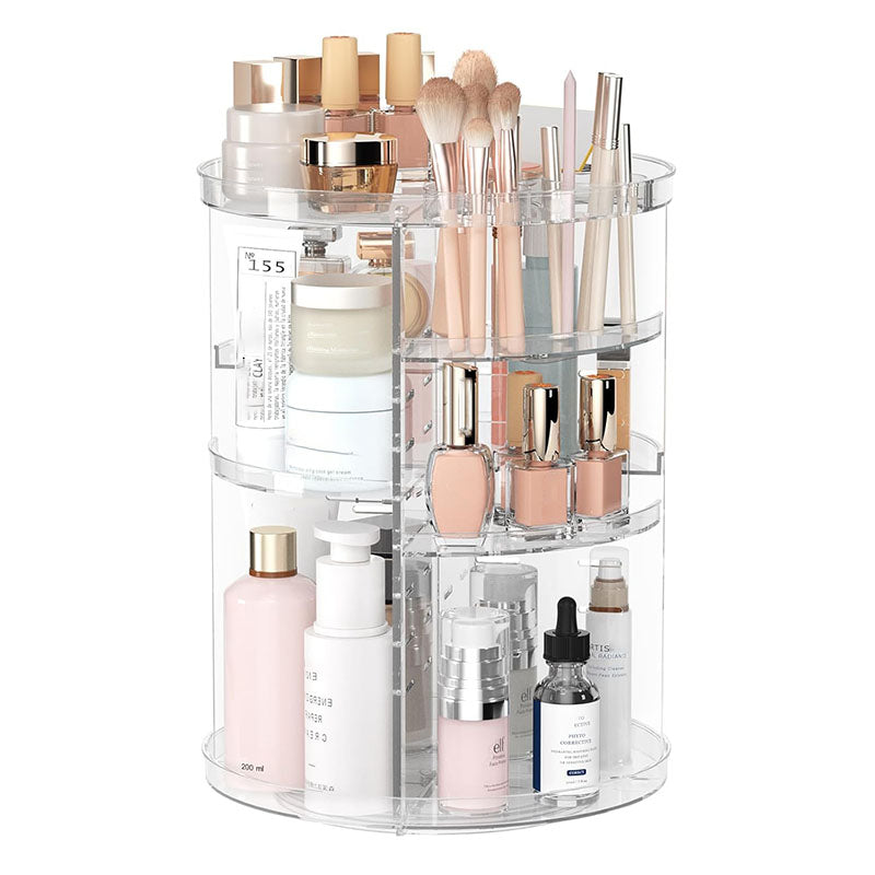 360° Rotating Makeup Organizer, Cosmetic Display Case with Brush Holder & Perfume Tray Storage Carousel for Vanity