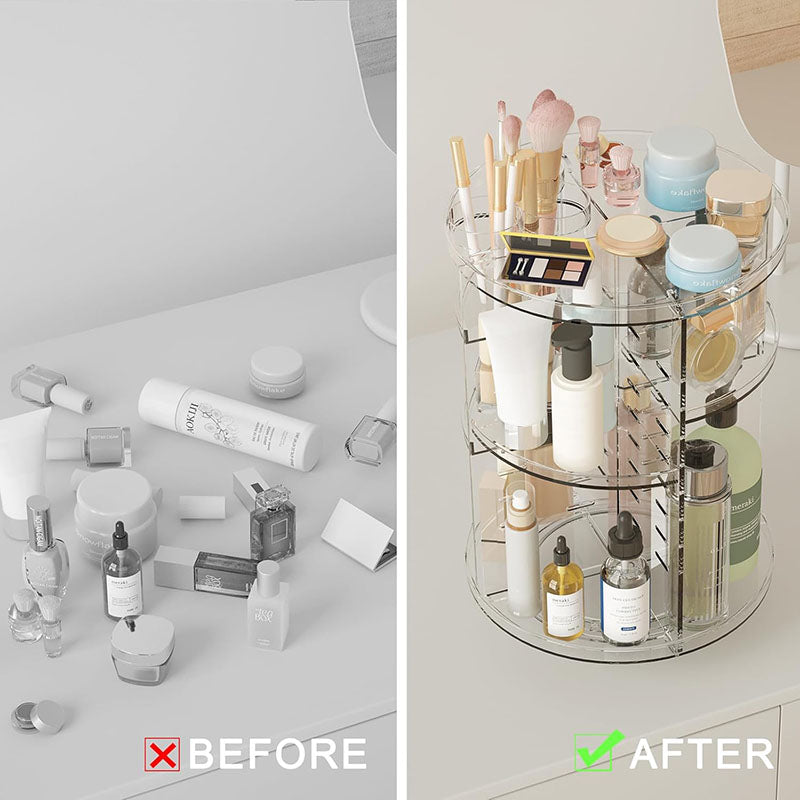 360° Rotating Makeup Organizer, Cosmetic Display Case with Brush Holder & Perfume Tray Storage Carousel for Vanity