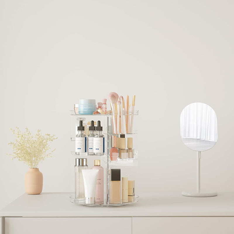 360° Rotating Makeup Organizer, Cosmetic Display Case with Brush Holder & Perfume Tray Storage Carousel for Vanity