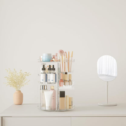 360° Rotating Makeup Organizer, Cosmetic Display Case with Brush Holder & Perfume Tray Storage Carousel for Vanity