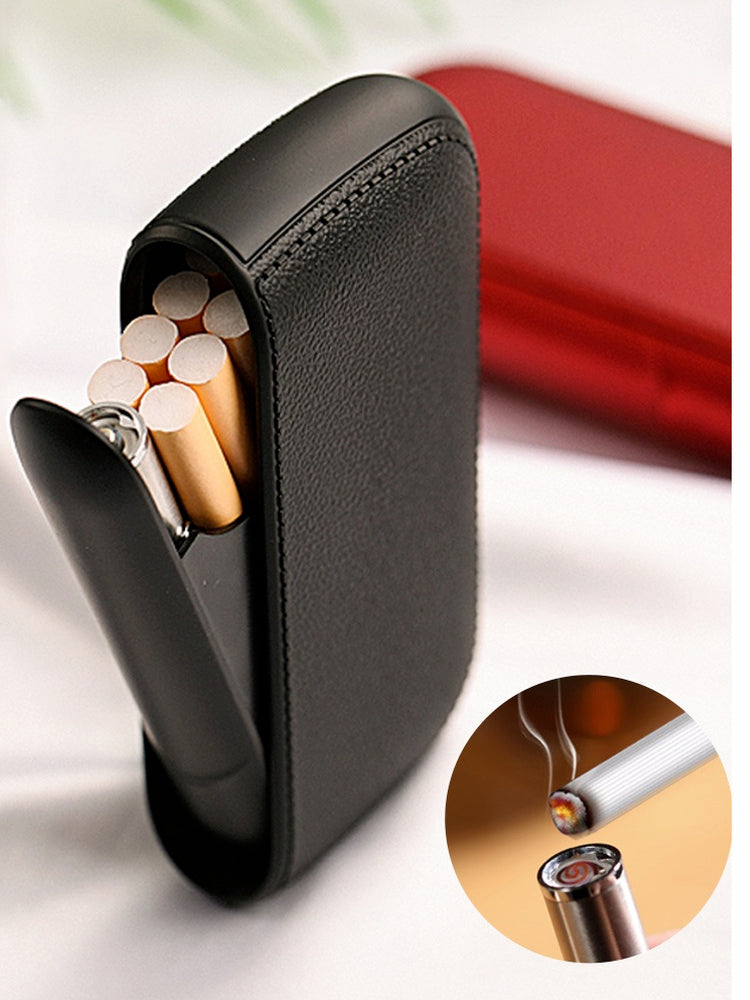 Mens Exquisite Imitation Leather Cigarette Case with USB Tungsten Electronic Lighter – Stylish & Functional Gift
