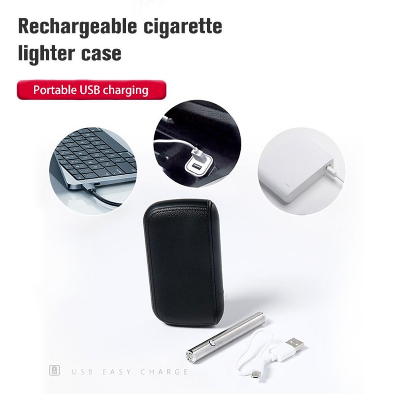 Mens Exquisite Imitation Leather Cigarette Case with USB Tungsten Electronic Lighter – Stylish & Functional Gift