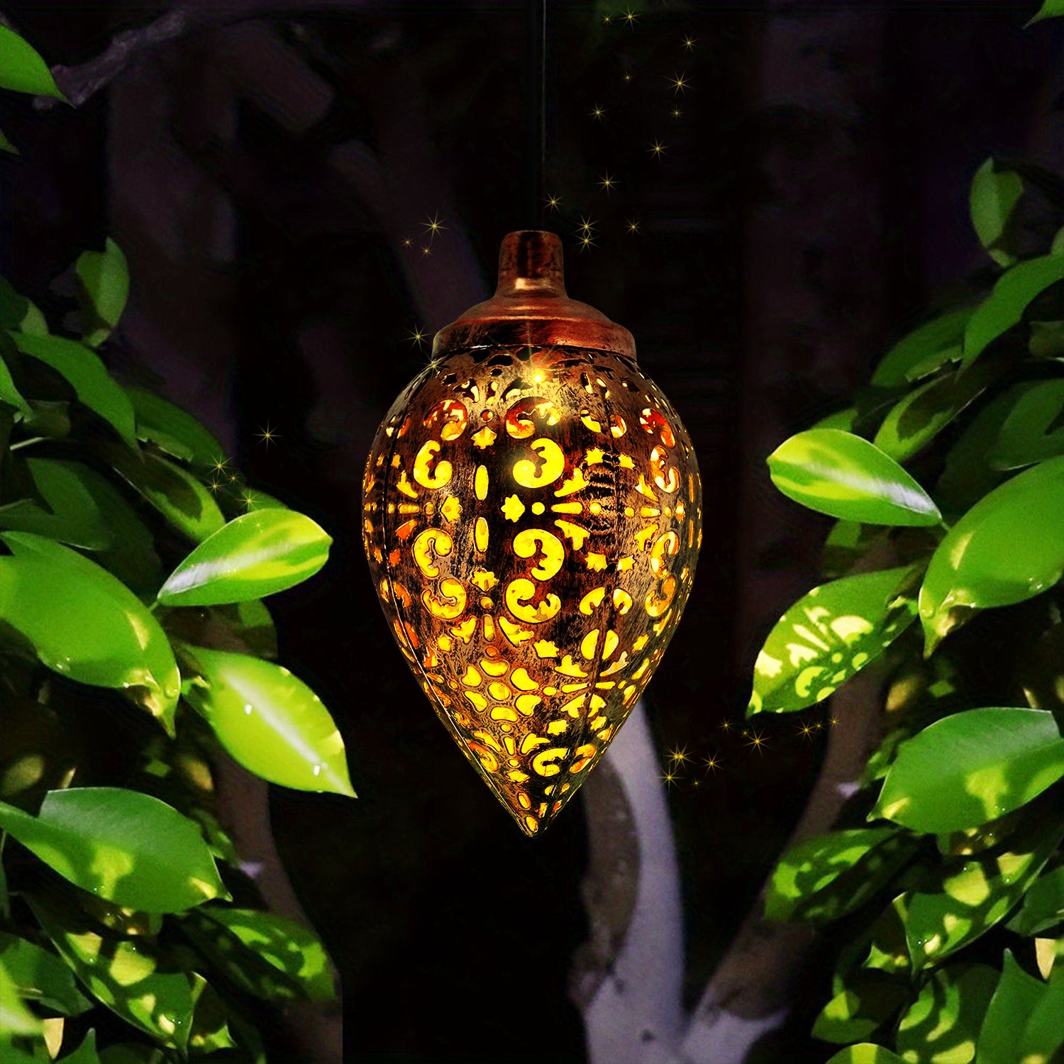 Romantic Hollow Outdoor Solar Water Drop Lantern, Metal Iron Design, Warm White Projection Lamp for Courtyard Decoration