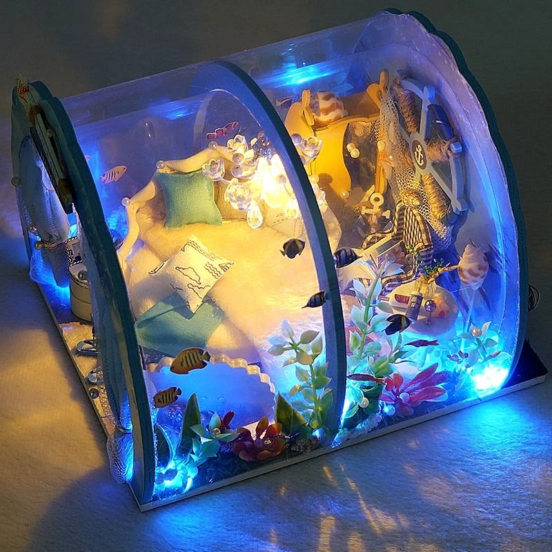 DIY Wooden Mini Dollhouse with Furniture and LED Lights