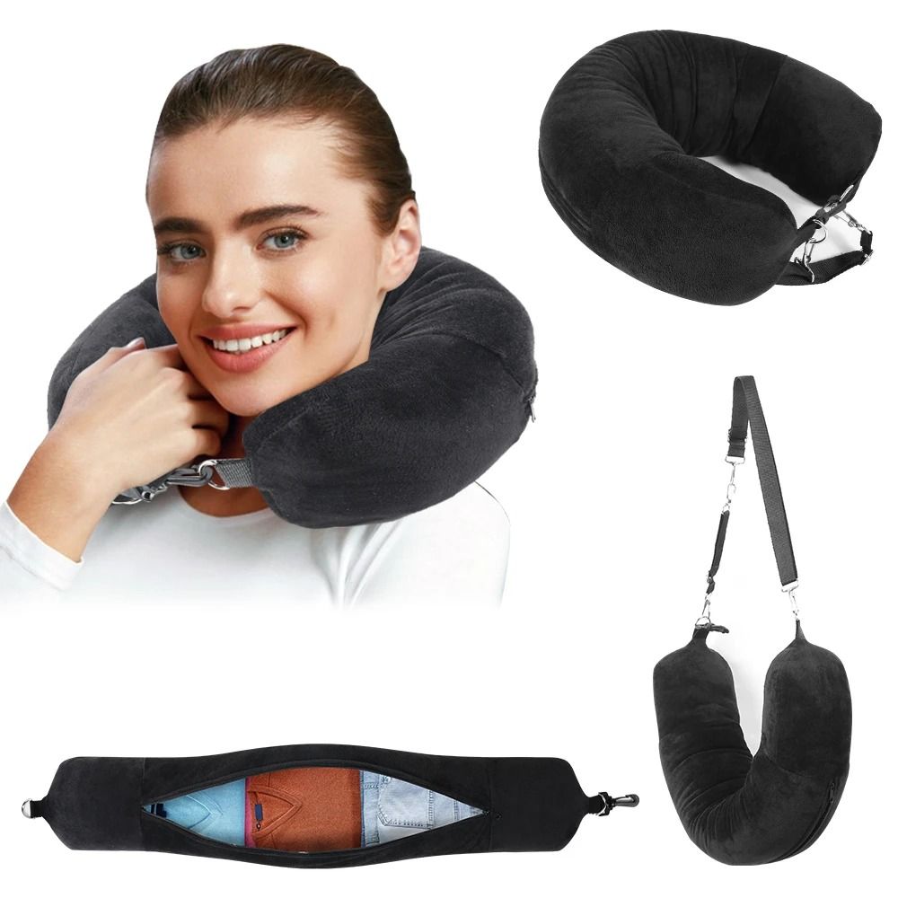 Travel Neck Pillow with Fillable Clothing Case and Velvet Cover for Airplane and Road Trips