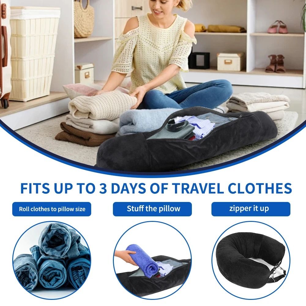 Travel Neck Pillow With Fillable Clothing Case And Velvet Cover For Airplane And Road Trips 2