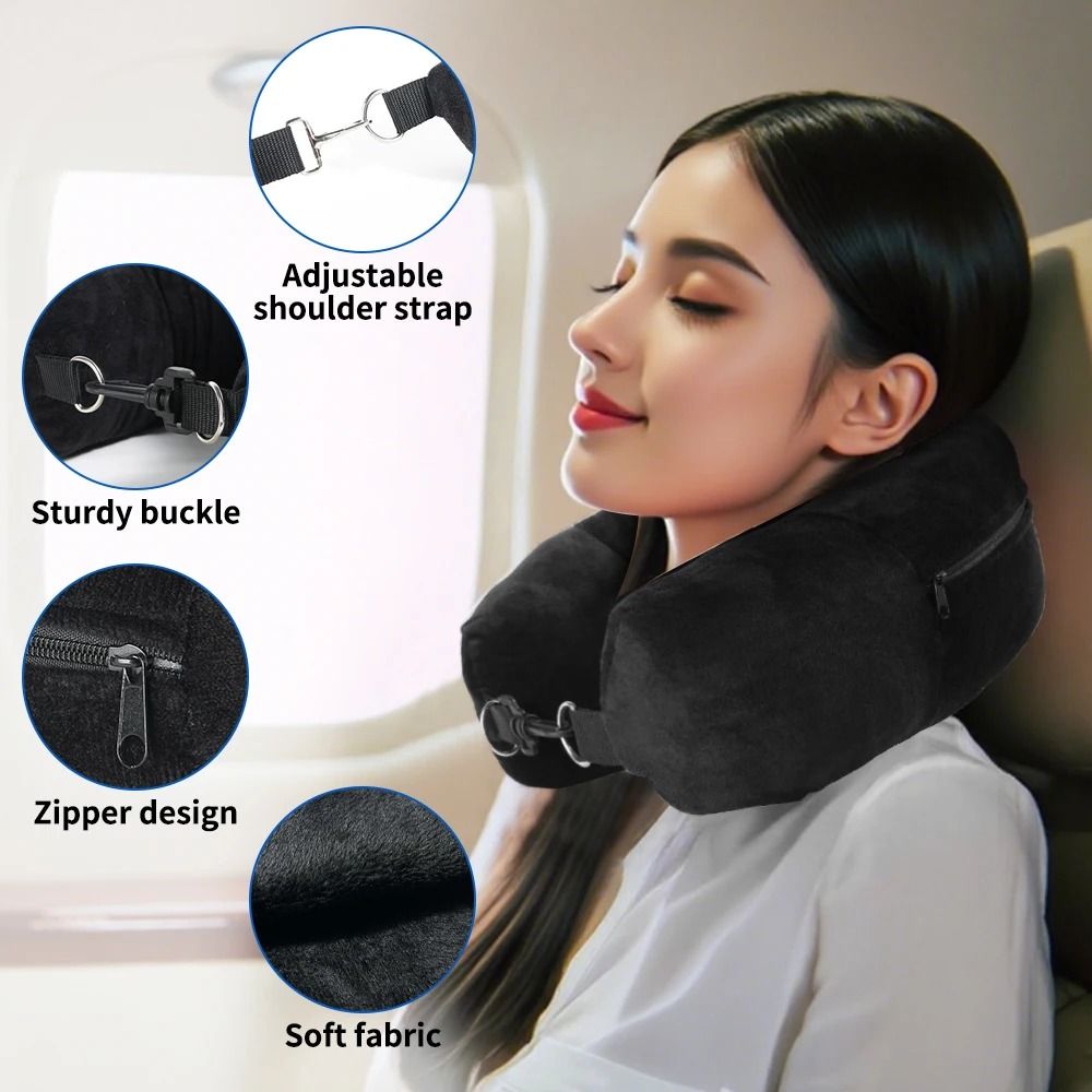 Travel Neck Pillow With Fillable Clothing Case And Velvet Cover For Airplane And Road Trips 5