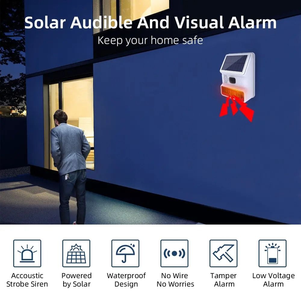 Wireless Solar Outdoor Siren Alarm With Sound And Flash For Home Security Systems 3