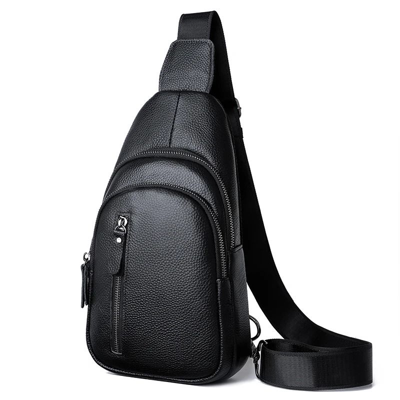 Mens Genuine Leather Crossbody Chest Bag with Adjustable Strap for Daily Travel and Casual Use