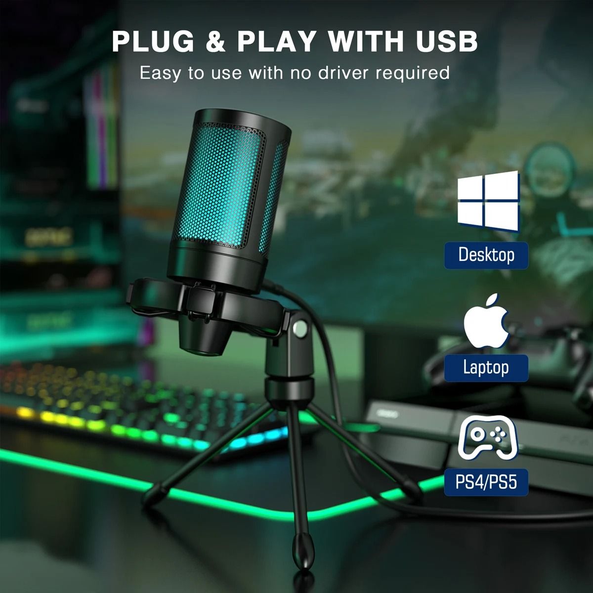 RGB USB Gaming Microphone With Mute Button And Tripod Stand For Streaming On PC And Console 5