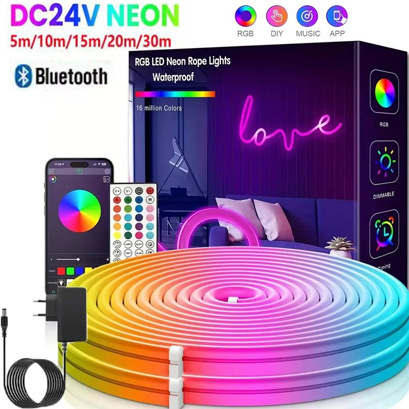 VividGlow 24V RGB Neon LED Strip Light with Bluetooth Music Sync – 5m to 30m
